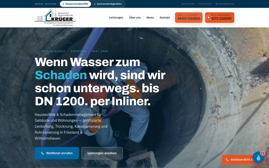 Krüger Wasserschadenhilfe Website nach dem Relaunch von TwoPixels